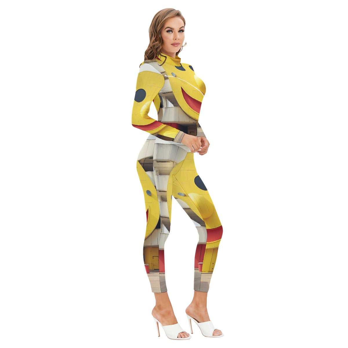 All-Over Print Women's Long-sleeved High-neck Jumpsuit With Zipper