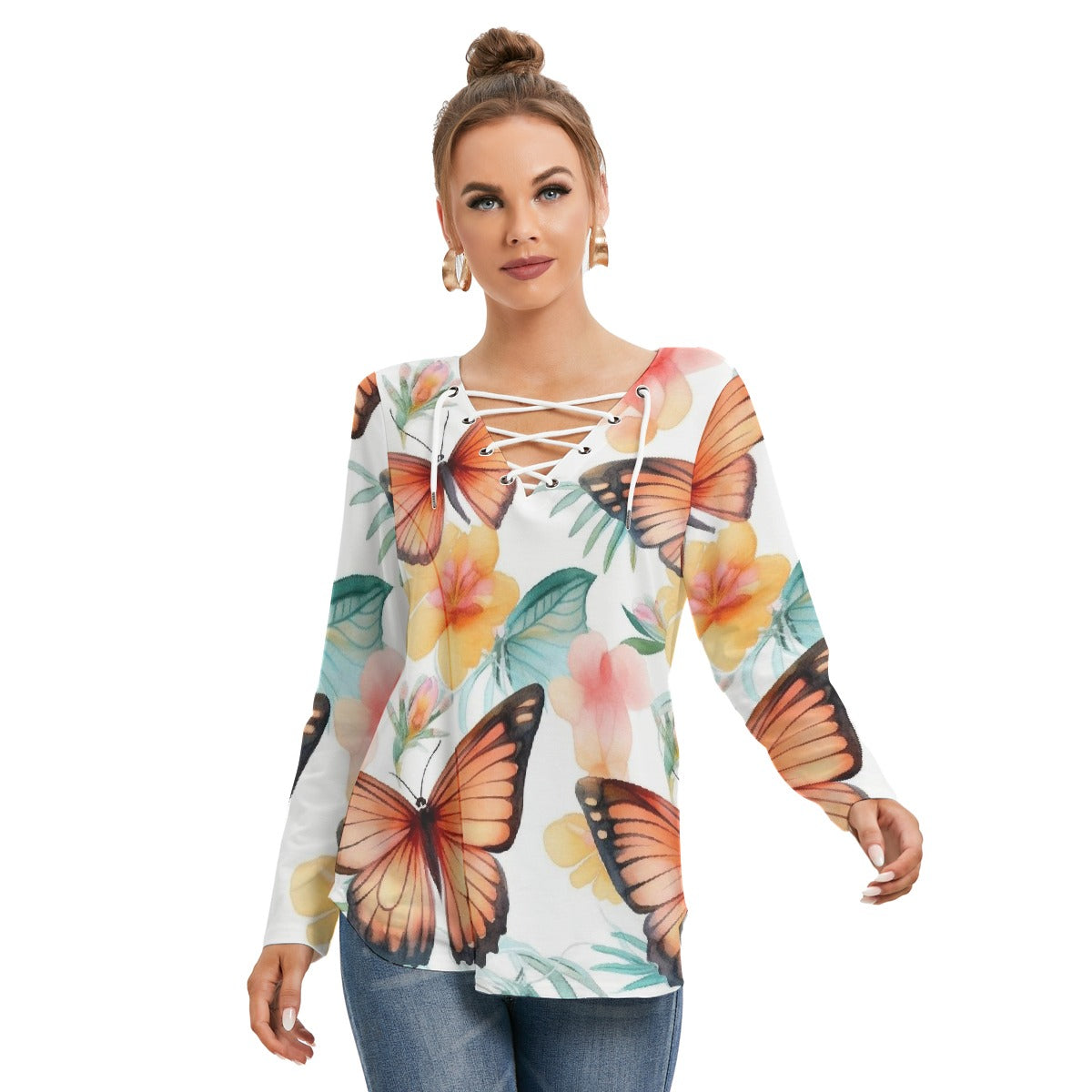 All-Over Print Women's Long Sleeve Neckline Tie Sweatshirt