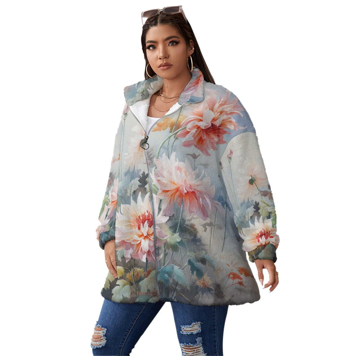 All-Over Print Unisex Borg Fleece Stand-up Collar Coat With Zipper Closure(Plus Size)