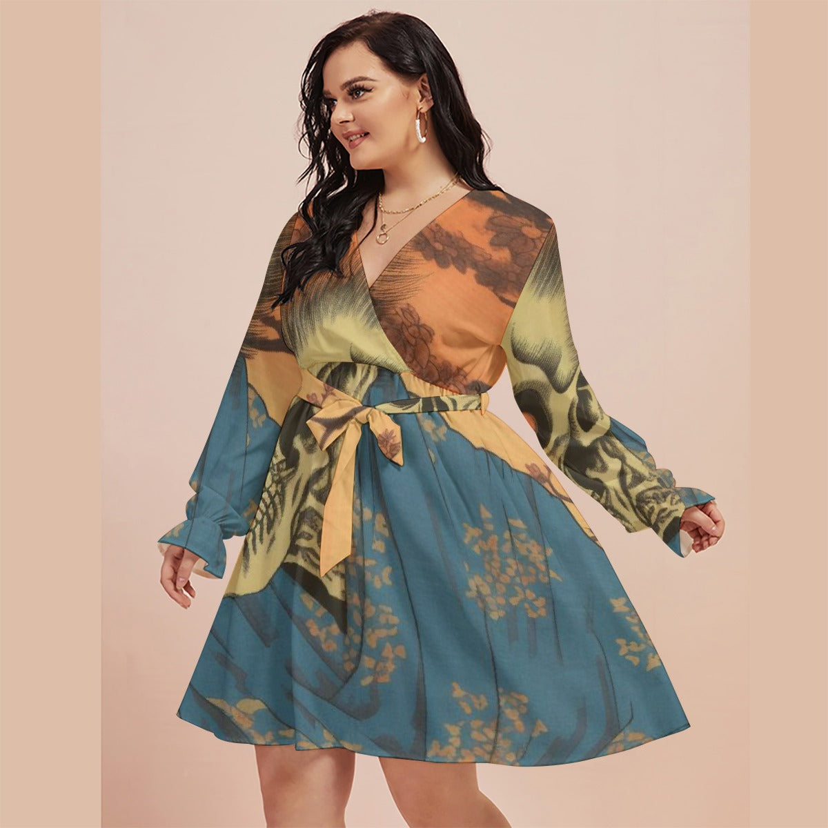 All-Over Print Women's V-neck Dress With Waistband(Plus Size)