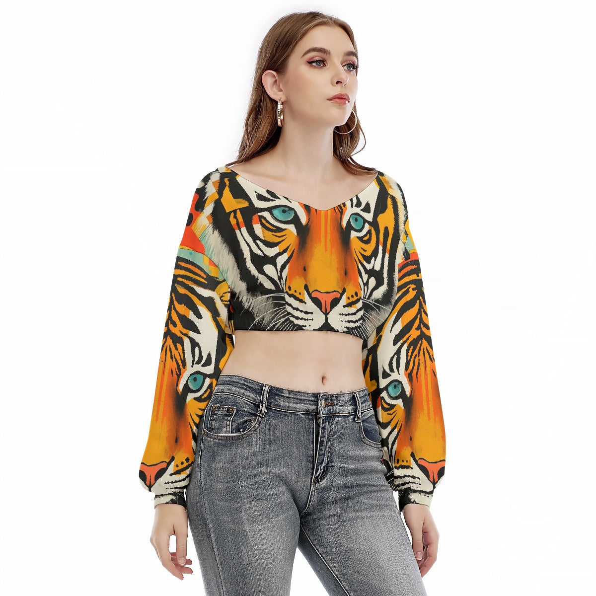 All-Over Print Women's V-neck Long Sleeve Cropped Sweatshirt