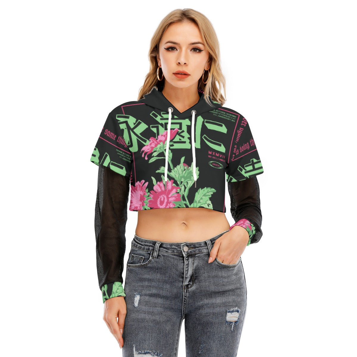 All-Over Print Women's Fake Two-piece Mesh Sleeve Cropped Hoodie