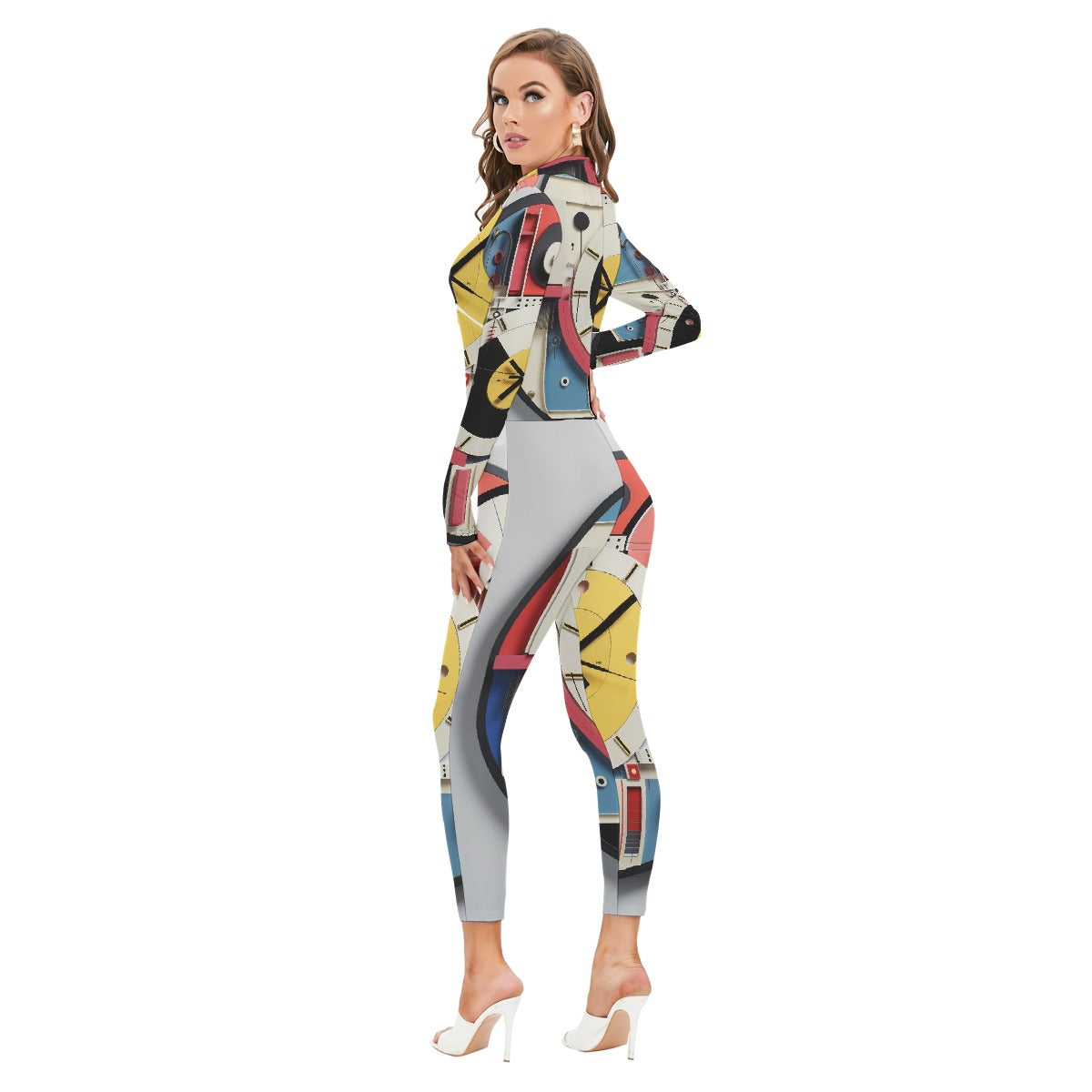 All-Over Print Women's Long-sleeved High-neck Jumpsuit With Zipper