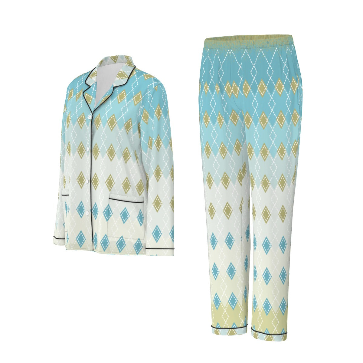 All-Over Print Women's Long Sleeve Pajama Set With Black Contrast Piping