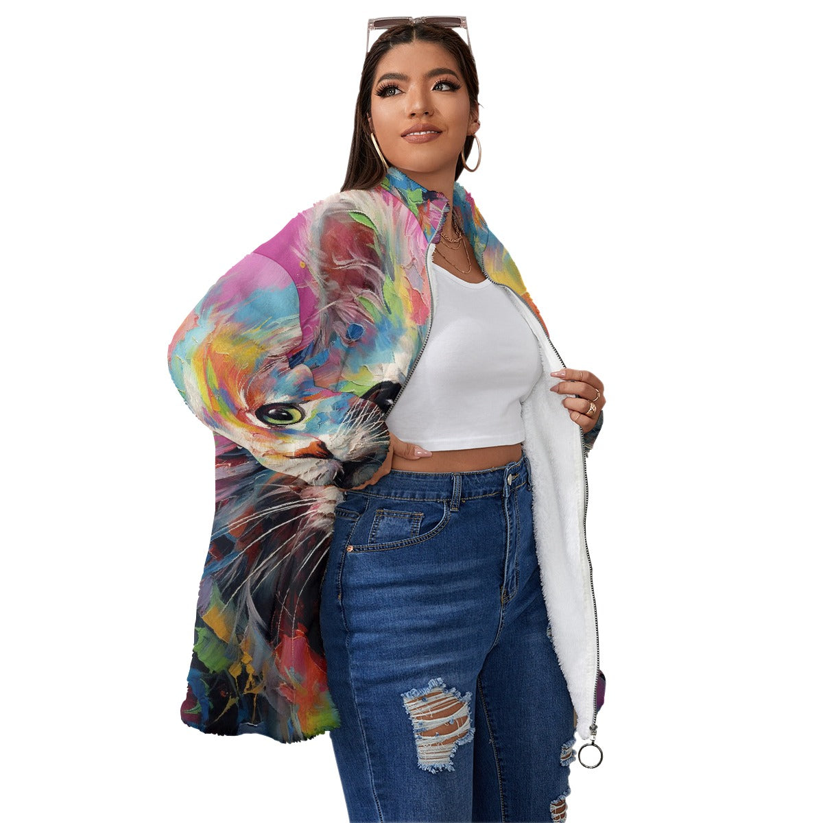 All-Over Print Unisex Borg Fleece Stand-up Collar Coat With Zipper Closure(Plus Size)