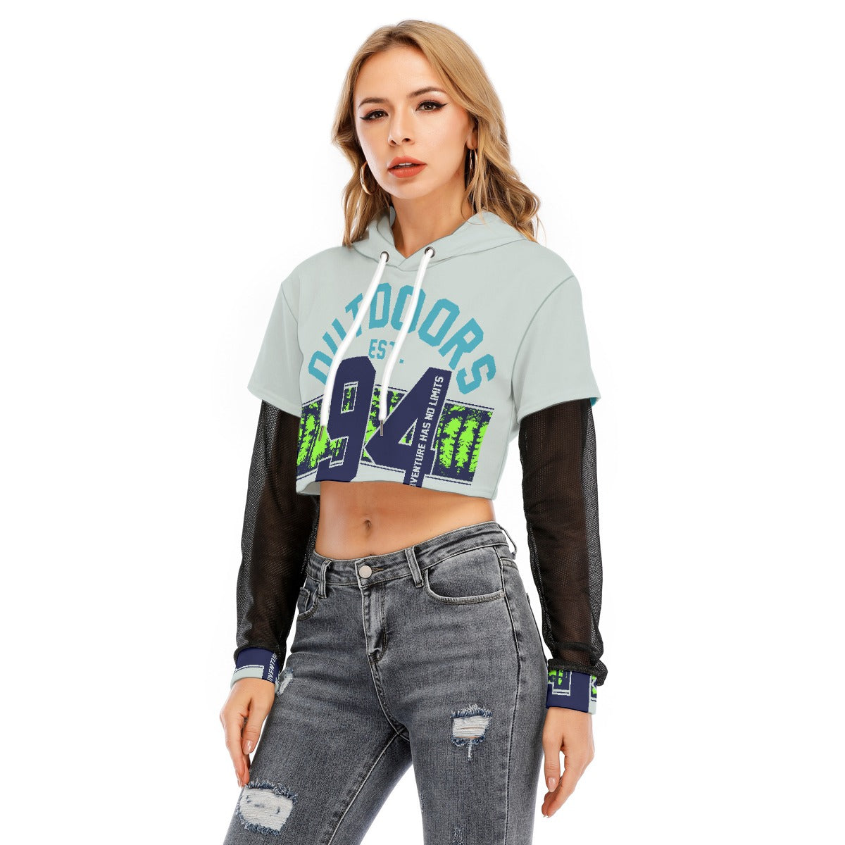 All-Over Print Women's Fake Two-piece Mesh Sleeve Cropped Hoodie
