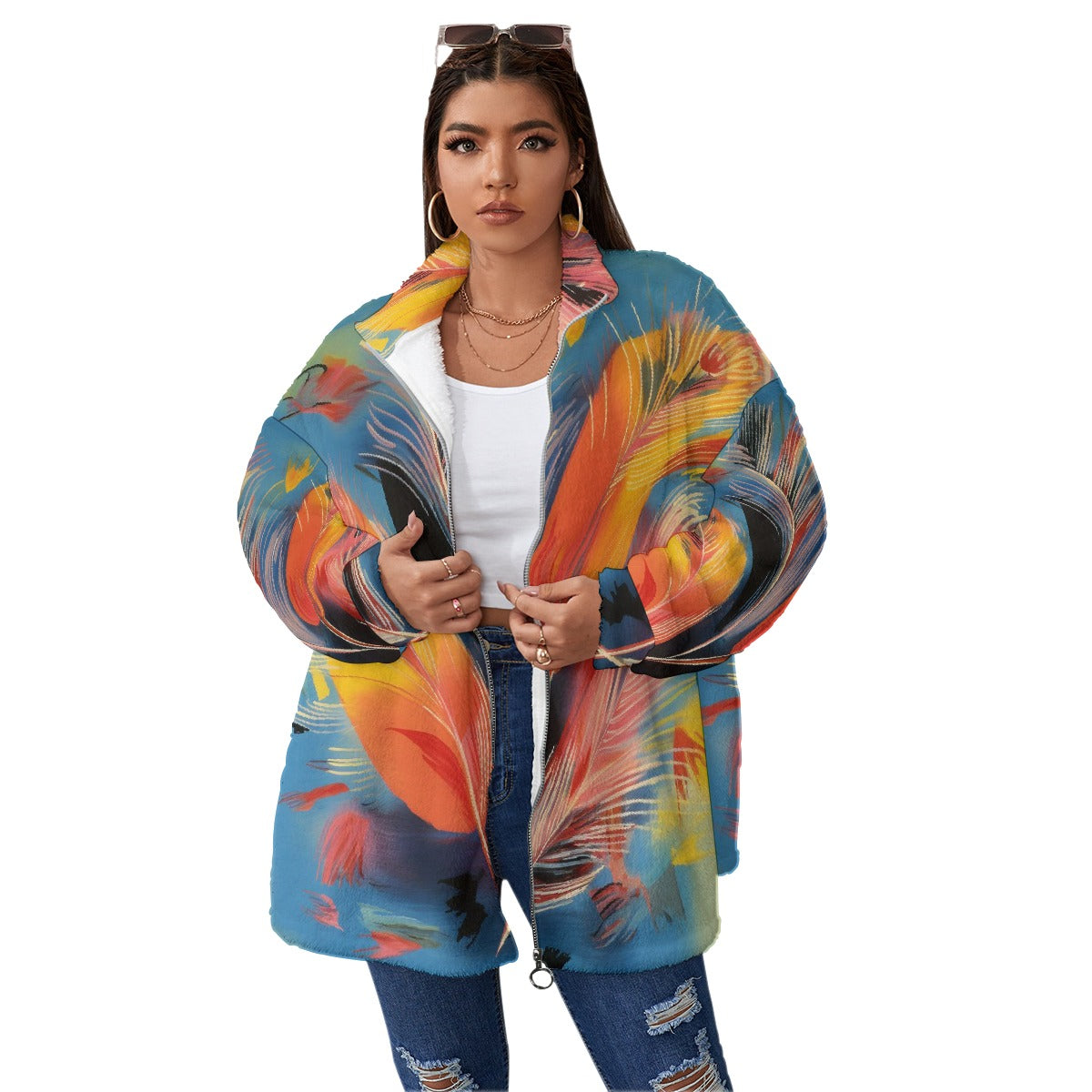 All-Over Print Unisex Borg Fleece Stand-up Collar Coat With Zipper Closure(Plus Size)