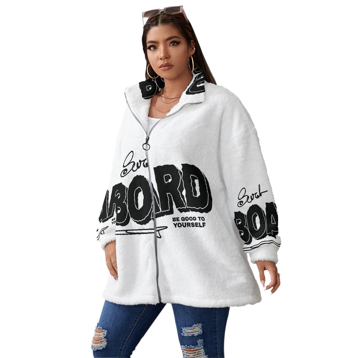 All-Over Print Unisex Borg Fleece Stand-up Collar Coat With Zipper Closure(Plus Size)