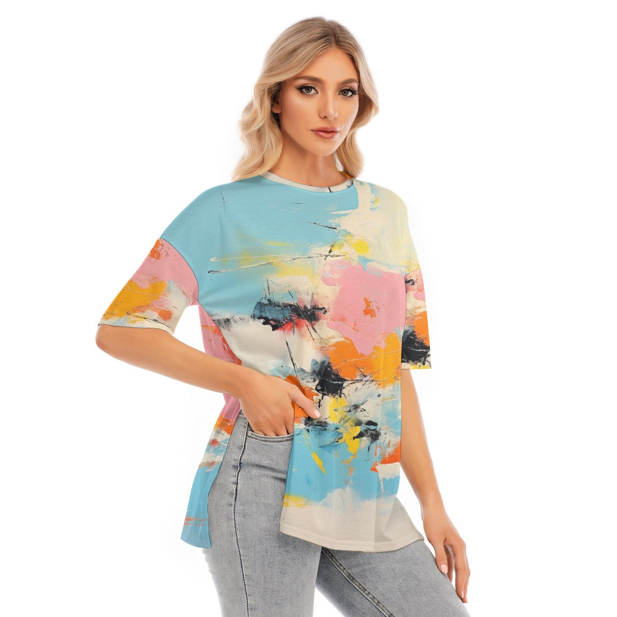 All-Over Print Women's Short Sleeves T-shirt With Hem Split