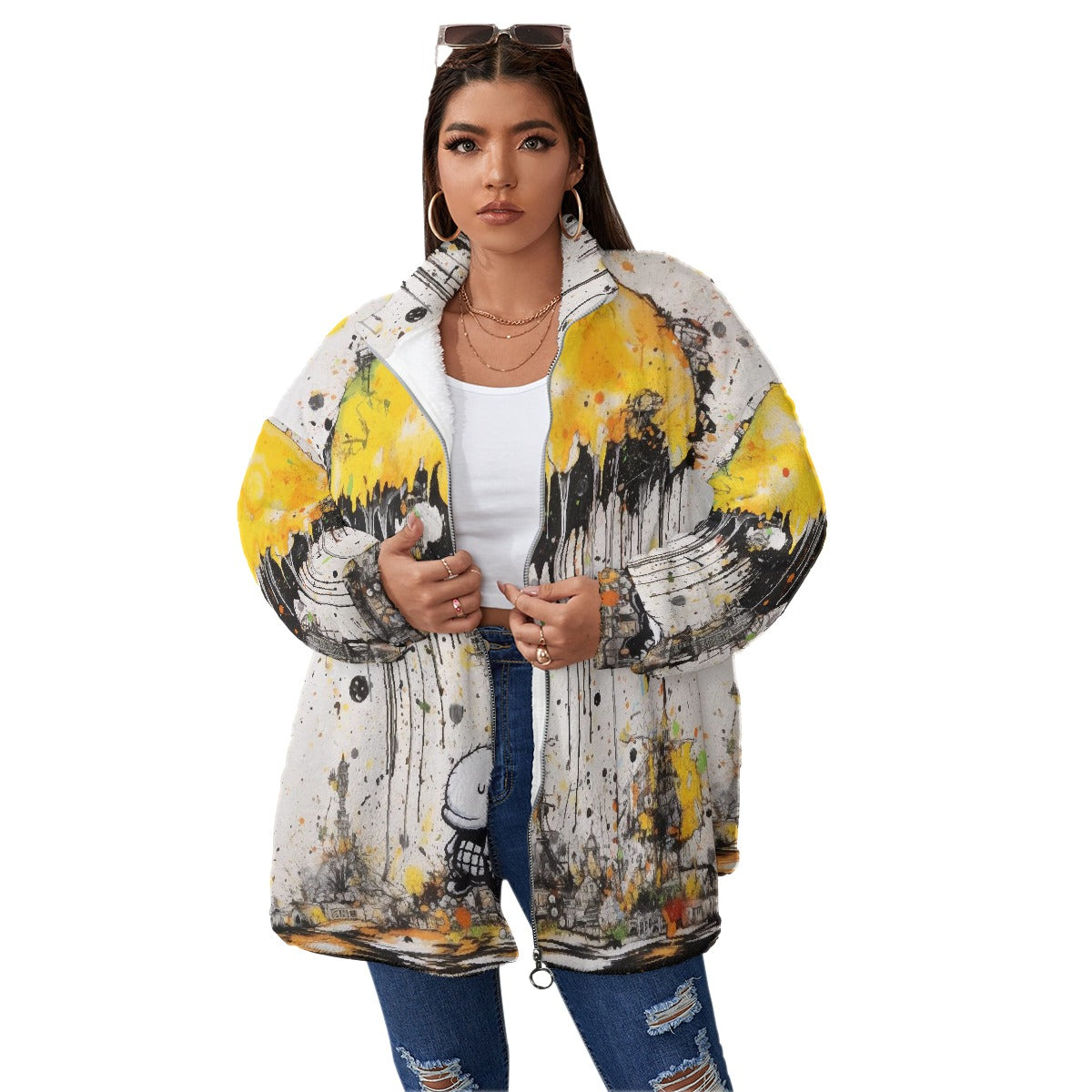 All-Over Print Unisex Borg Fleece Stand-up Collar Coat With Zipper Closure(Plus Size)