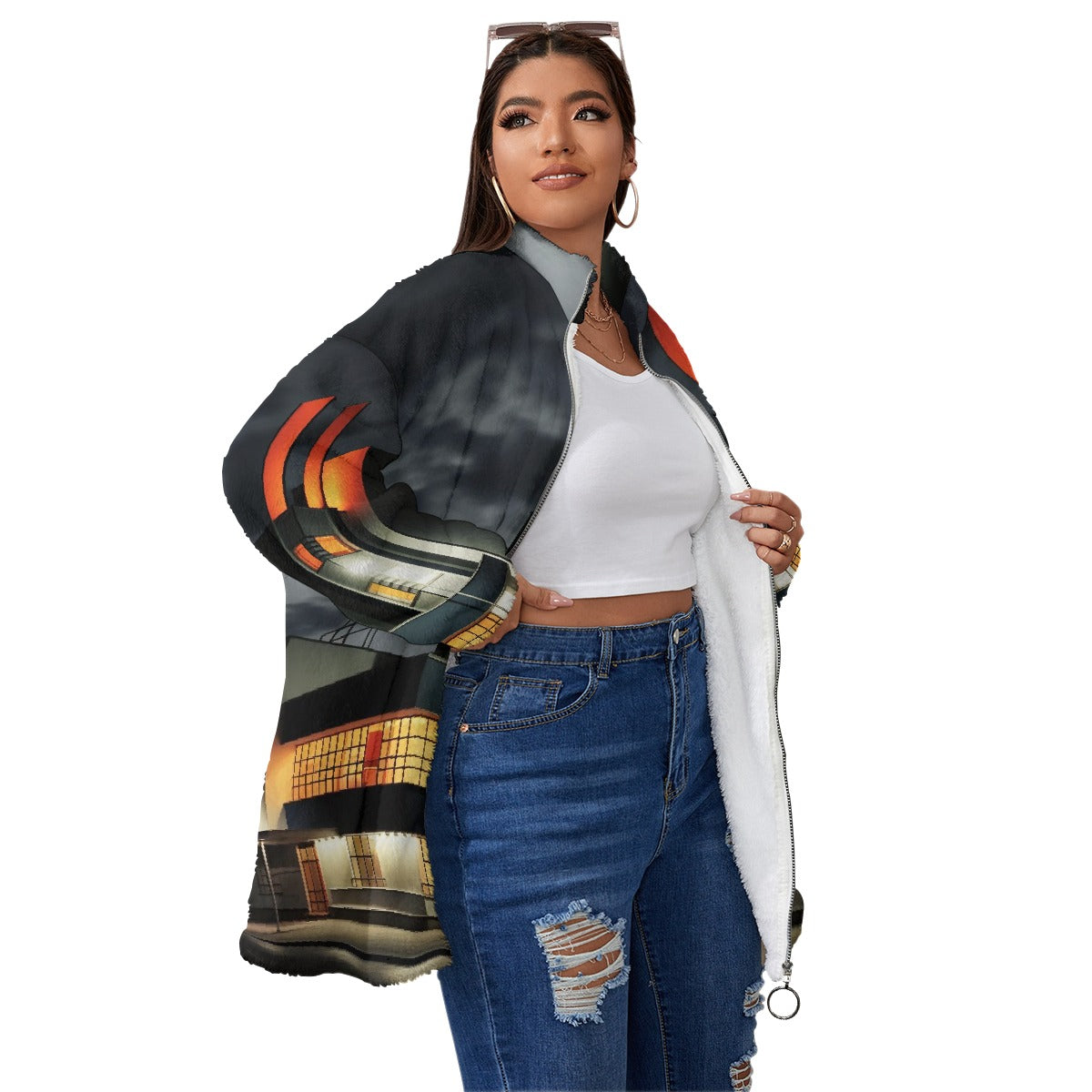 All-Over Print Unisex Borg Fleece Stand-up Collar Coat With Zipper Closure(Plus Size)