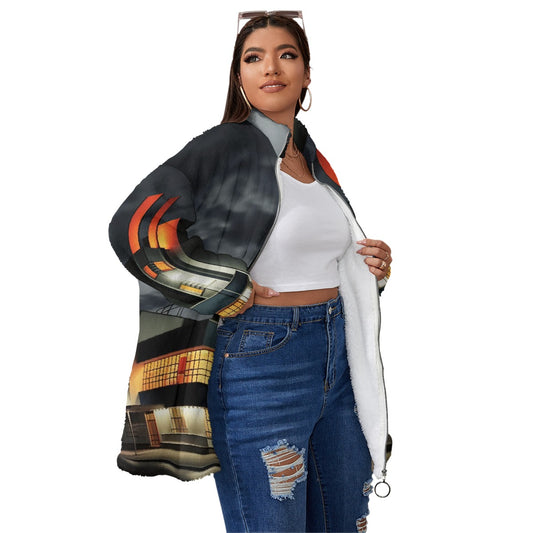 All-Over Print Unisex Borg Fleece Stand-up Collar Coat With Zipper Closure(Plus Size)