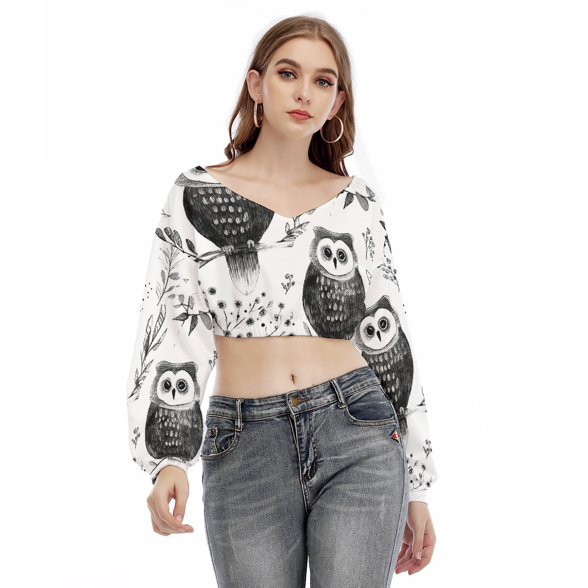 All-Over Print Women's V-neck Long Sleeve Cropped Sweatshirt
