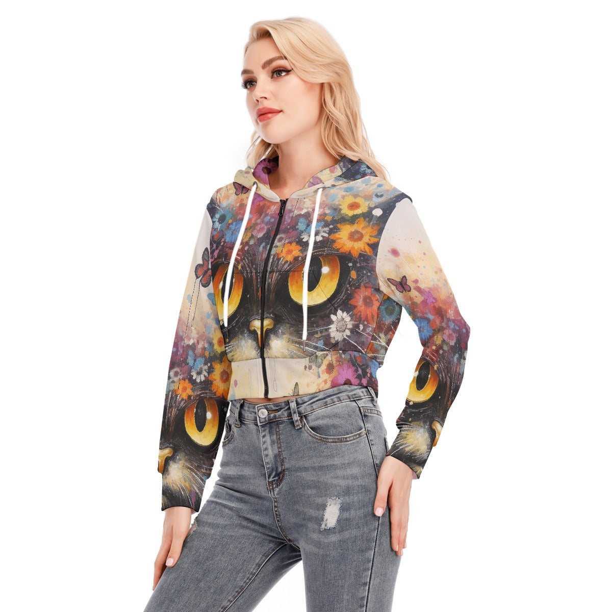All-Over Print Women's Crop Top Hoodie With Zipper Closure