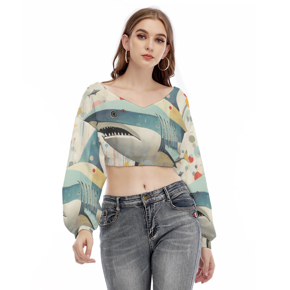 All-Over Print Women's V-neck Long Sleeve Cropped Sweatshirt