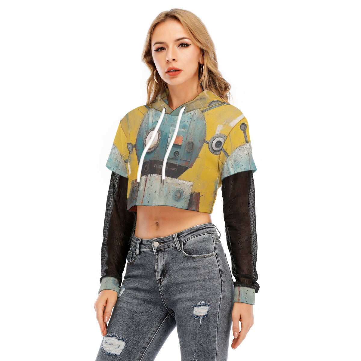 All-Over Print Women's Fake Two-piece Mesh Sleeve Cropped Hoodie