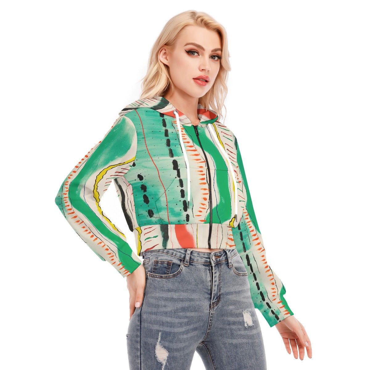 All-Over Print Women's Crop Top Hoodie With Zipper Closure