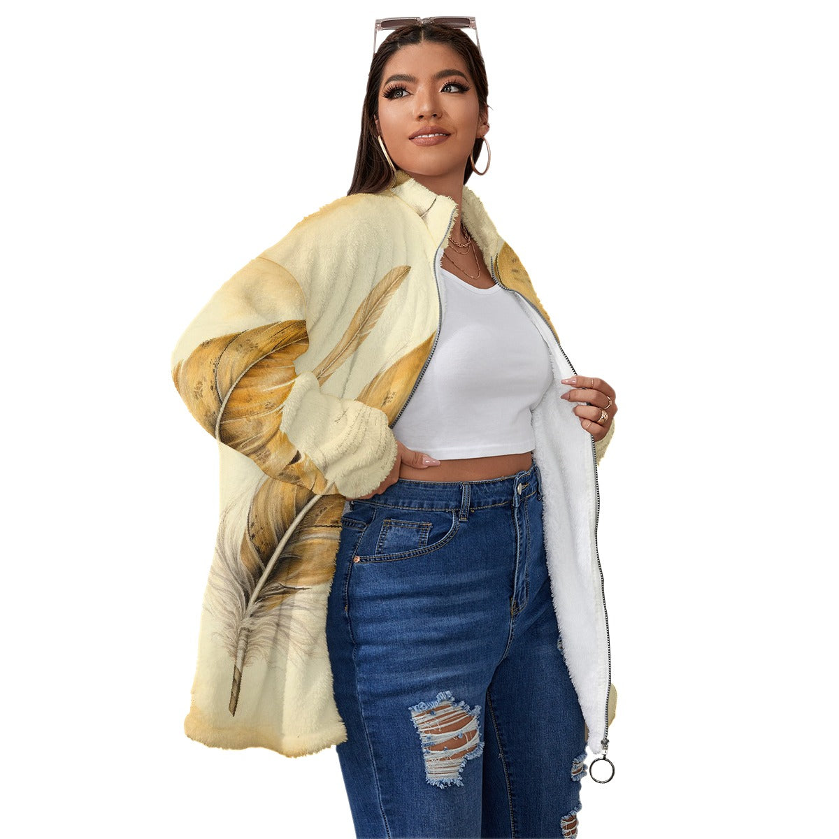 All-Over Print Unisex Borg Fleece Stand-up Collar Coat With Zipper Closure(Plus Size)