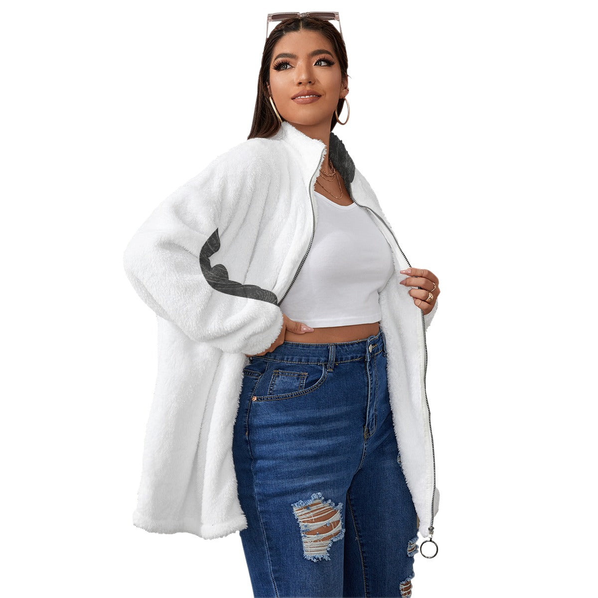 All-Over Print Unisex Borg Fleece Stand-up Collar Coat With Zipper Closure(Plus Size)