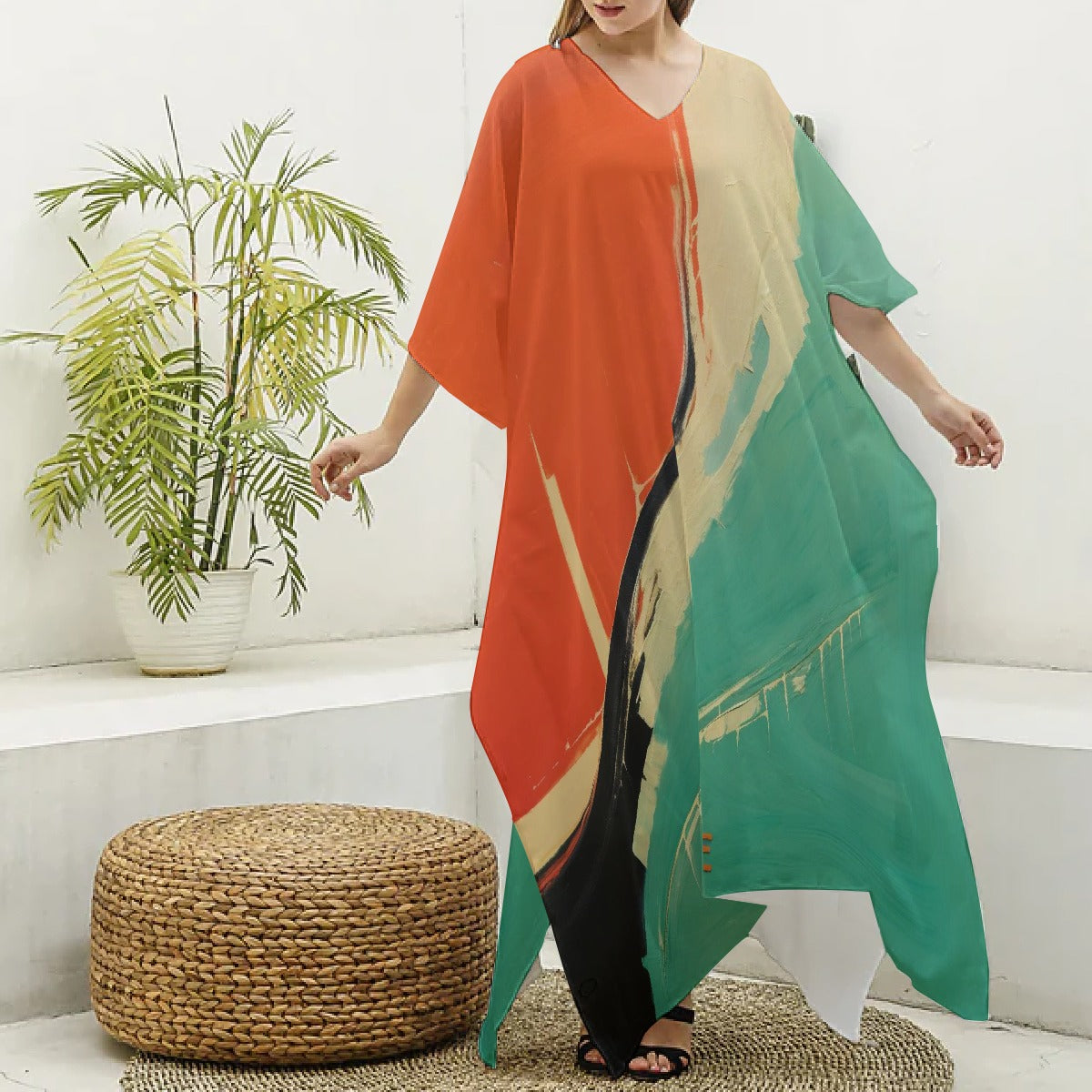 All-Over Print Women's Imitation Silk V-neck Kaftan Robe