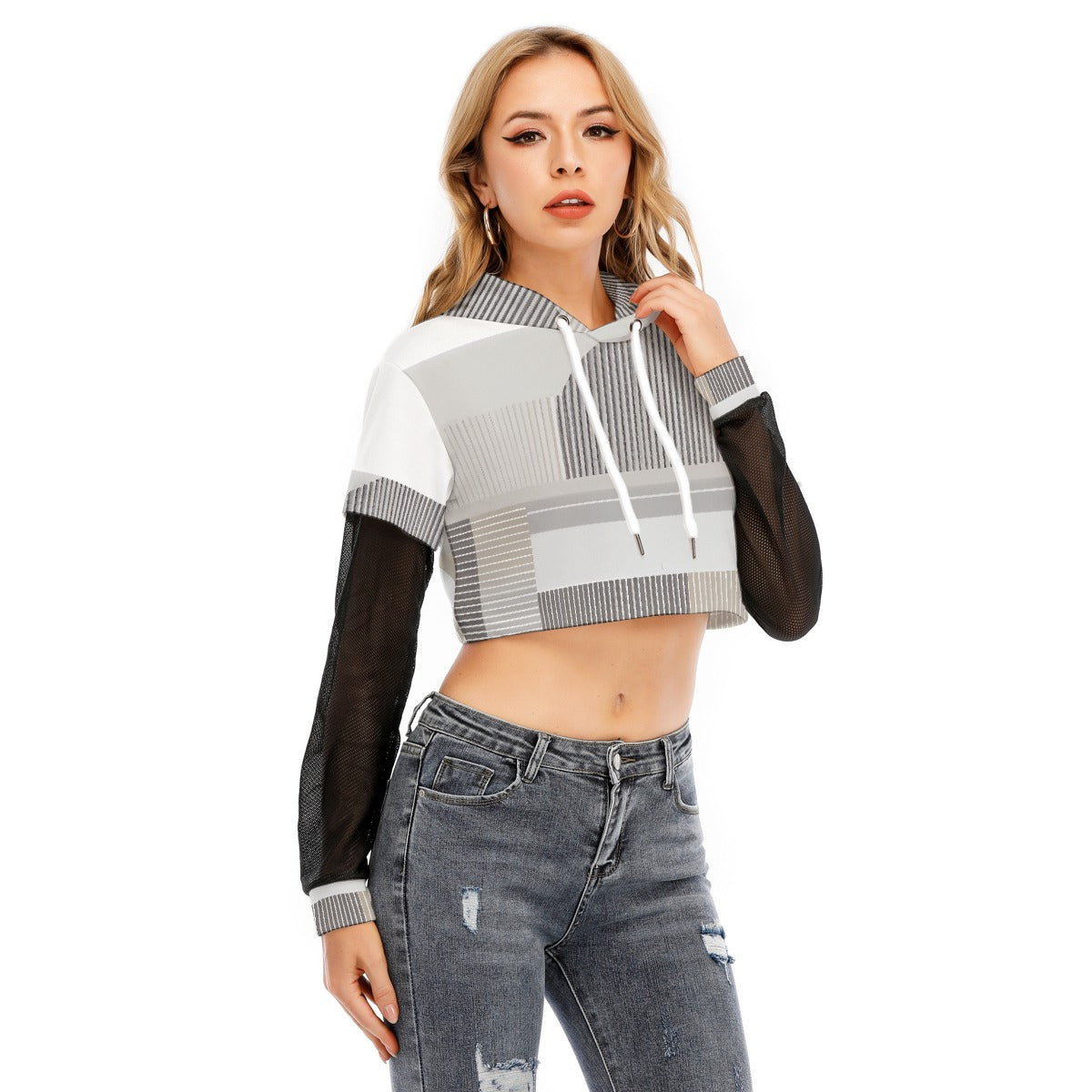All-Over Print Women's Fake Two-piece Mesh Sleeve Cropped Hoodie