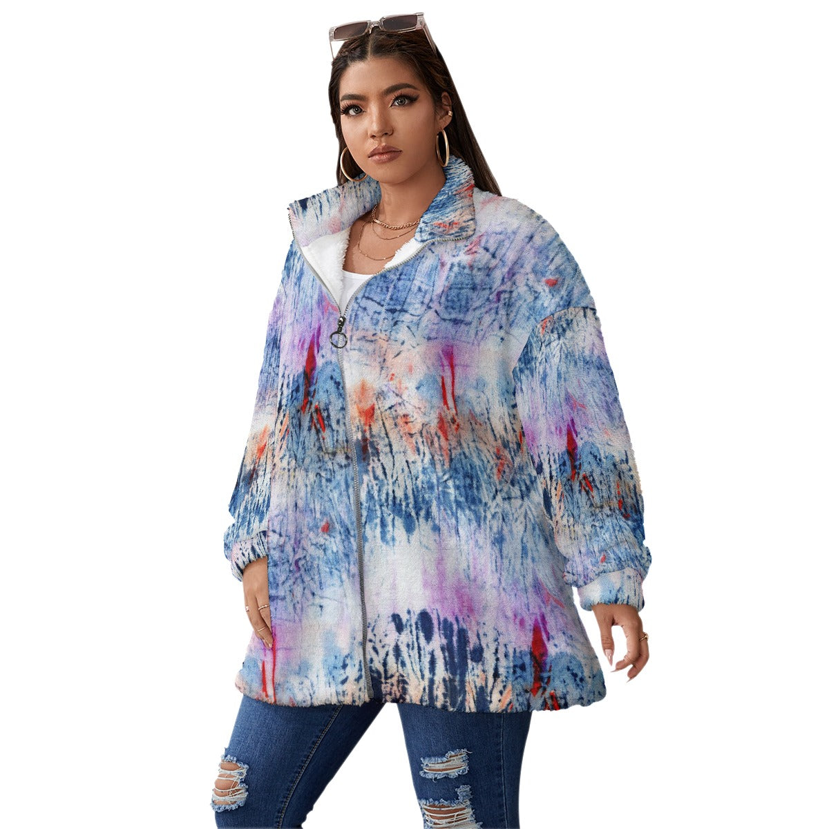 All-Over Print Unisex Borg Fleece Stand-up Collar Coat With Zipper Closure(Plus Size)