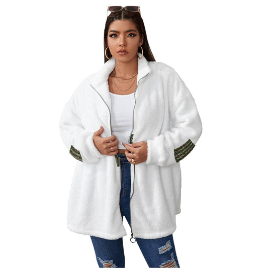 All-Over Print Unisex Borg Fleece Stand-up Collar Coat With Zipper Closure(Plus Size)