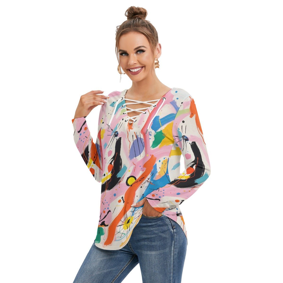 All-Over Print Women's Long Sleeve Neckline Tie Sweatshirt