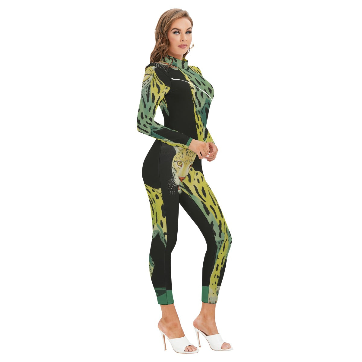 All-Over Print Women's Long-sleeved High-neck Jumpsuit With Zipper