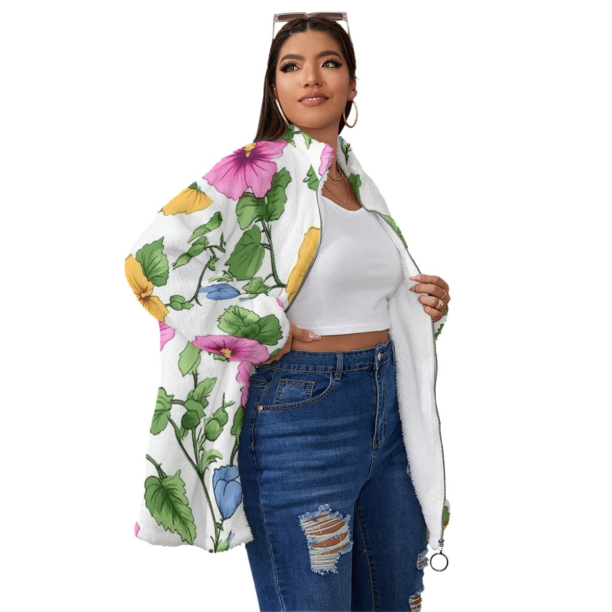 All-Over Print Unisex Borg Fleece Stand-up Collar Coat With Zipper Closure(Plus Size)