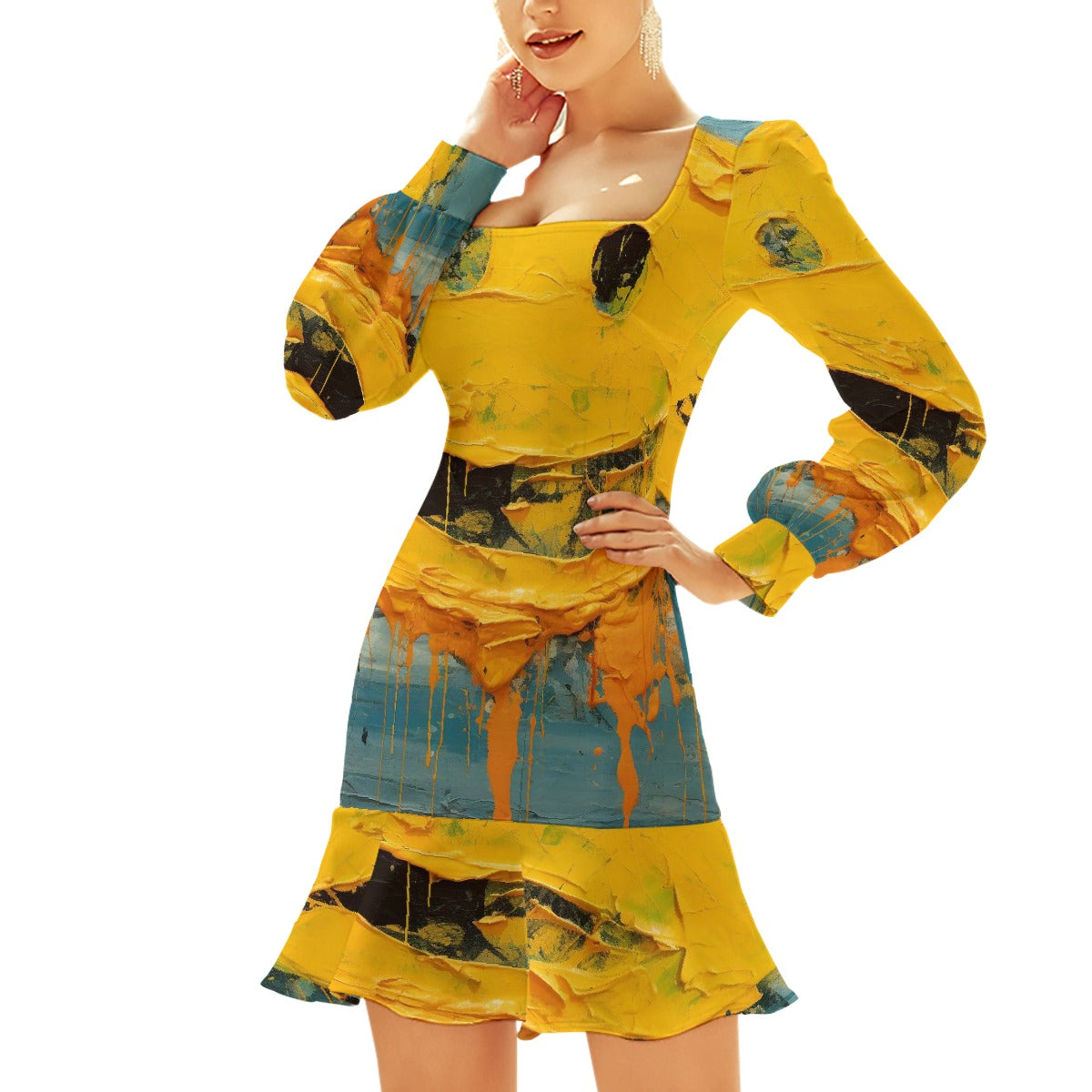 All-Over Print Women's Ruffle Hem Skinny Dress