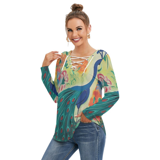 All-Over Print Women's Long Sleeve Neckline Tie Sweatshirt