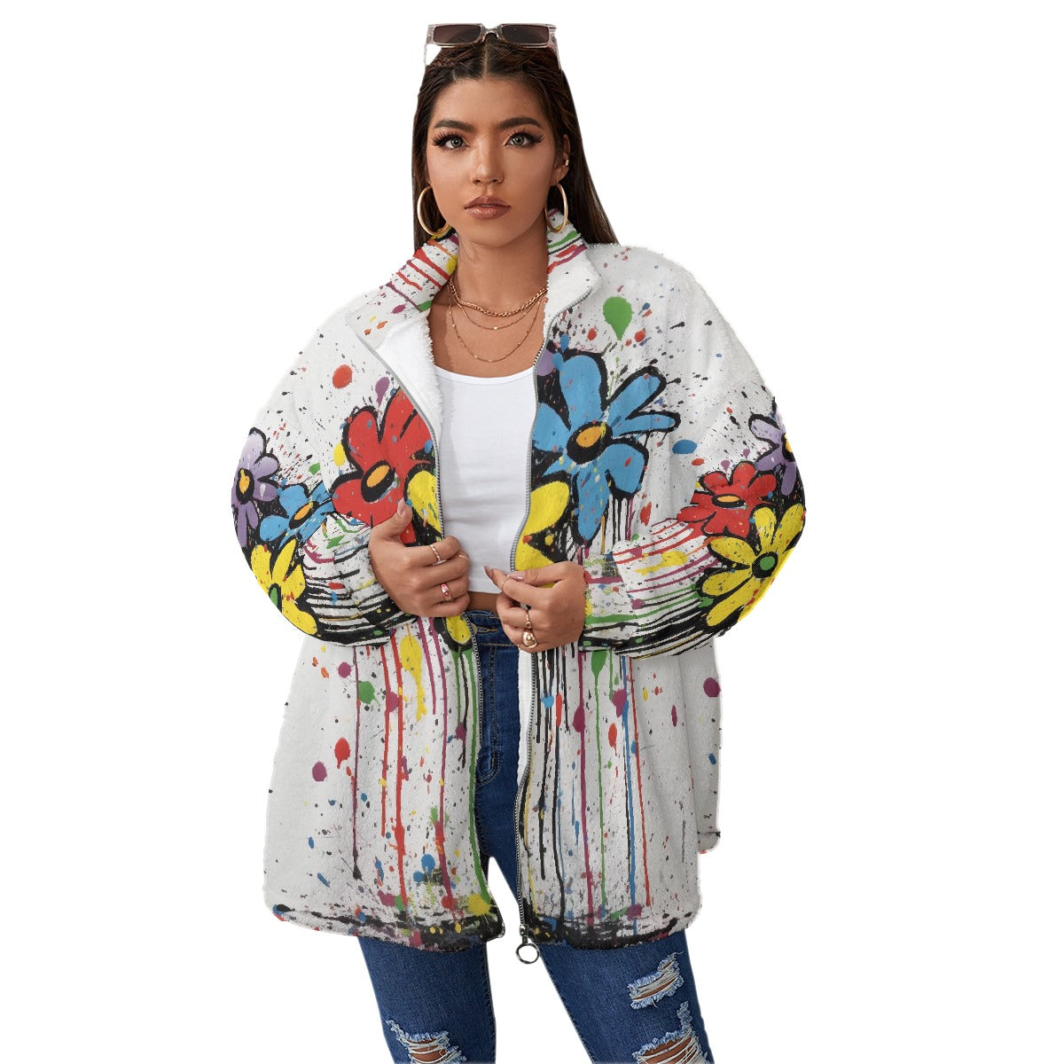 All-Over Print Unisex Borg Fleece Stand-up Collar Coat With Zipper Closure(Plus Size)