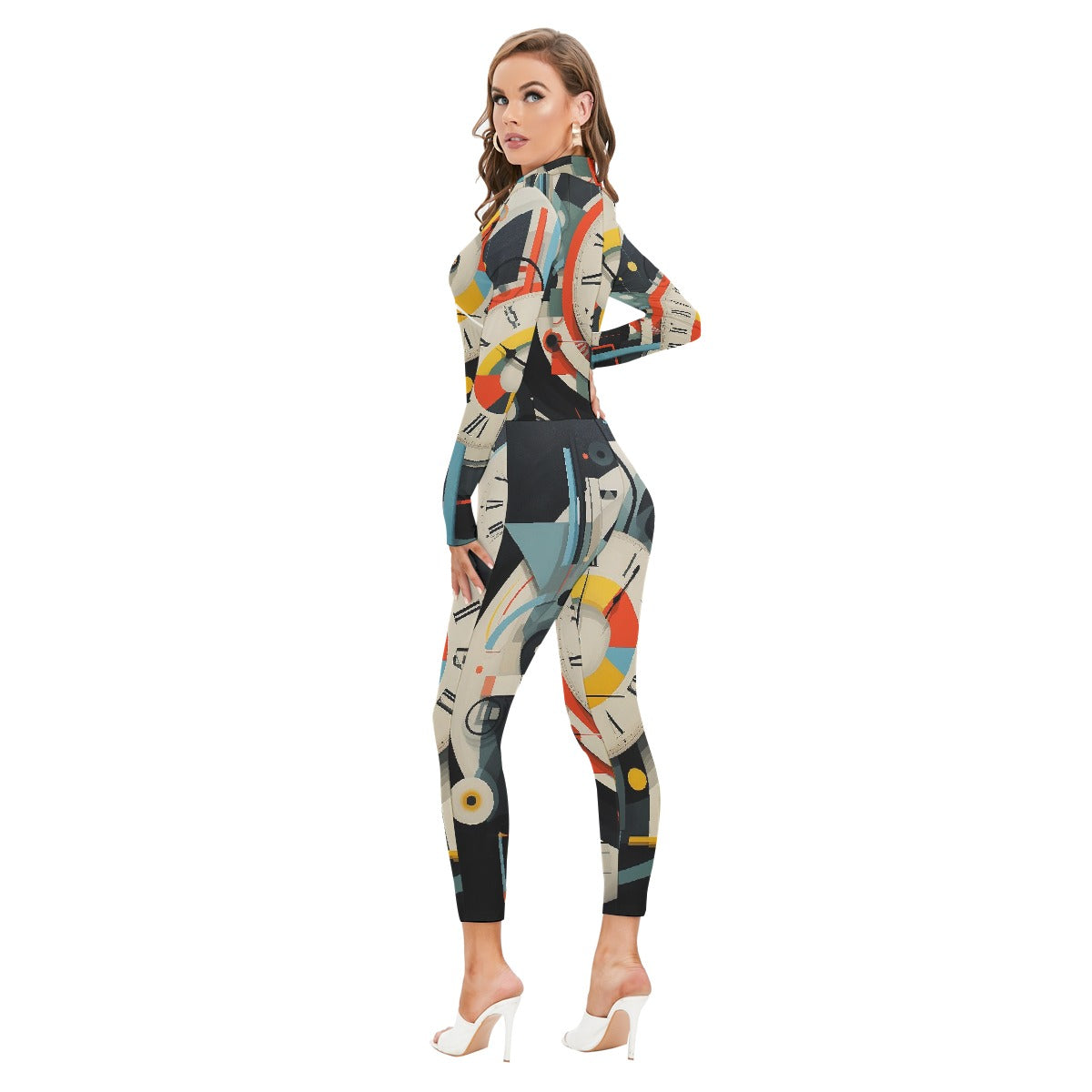 All-Over Print Women's Long-sleeved High-neck Jumpsuit With Zipper