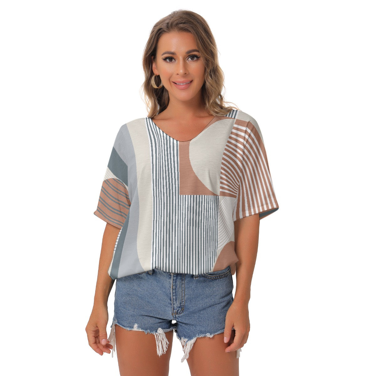 All-Over Print Women's Bat Sleeves V-Neck Blouse