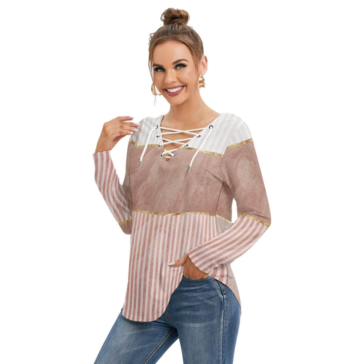 All-Over Print Women's Long Sleeve Neckline Tie Sweatshirt