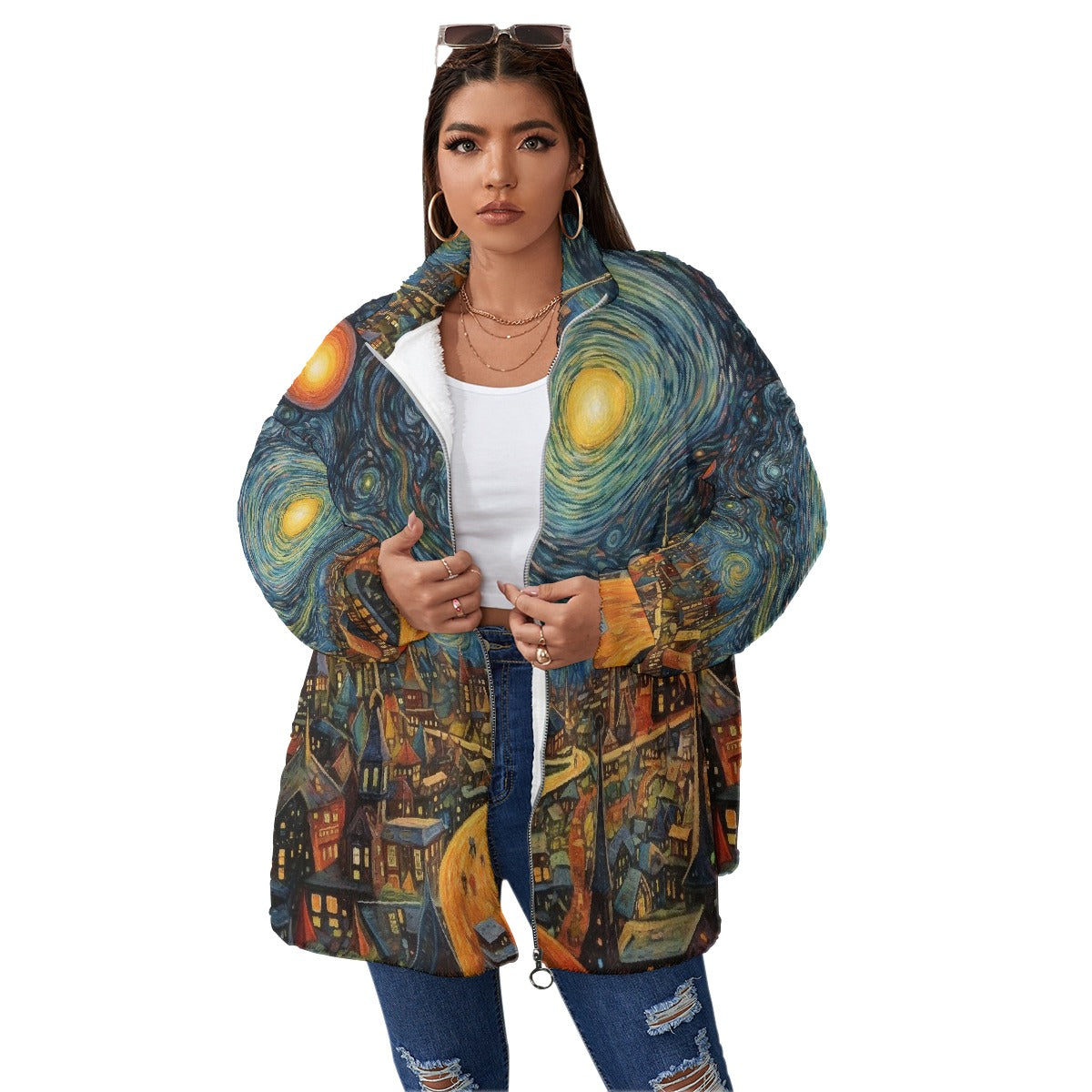 All-Over Print Unisex Borg Fleece Stand-up Collar Coat With Zipper Closure(Plus Size)