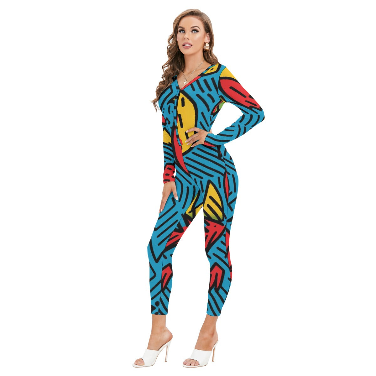 All-Over Print Women's Plunging Neck Jumpsuit