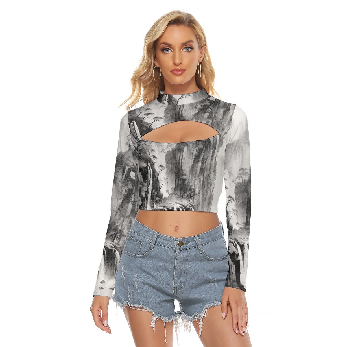 All-Over Print Women's Hollow Chest Keyhole Tight Crop Top