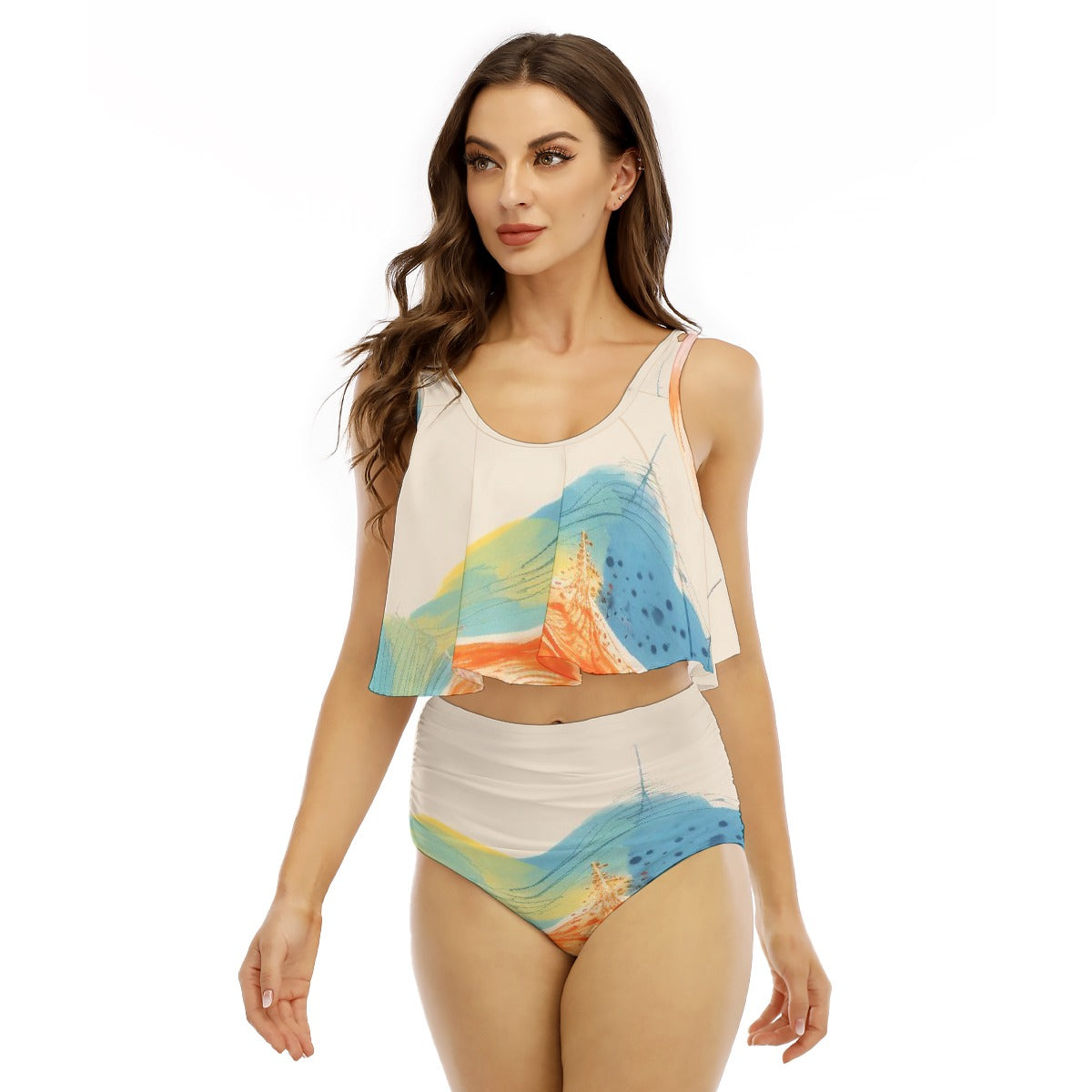 All-Over Print Women's Ruffled Vest Bikini Swimsuit