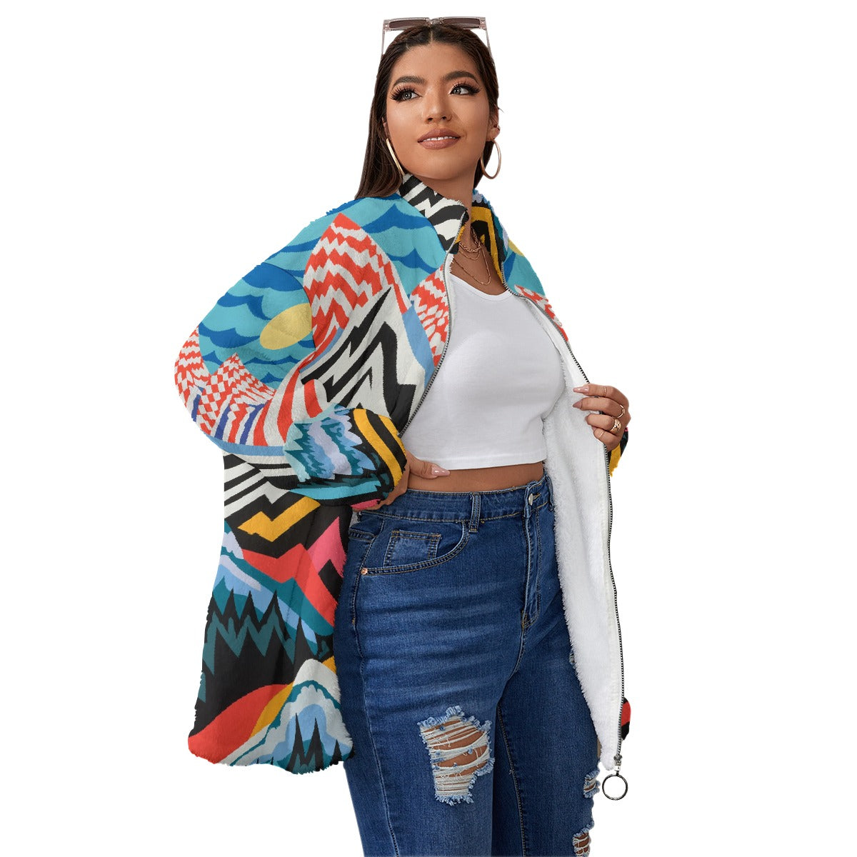 All-Over Print Unisex Borg Fleece Stand-up Collar Coat With Zipper Closure(Plus Size)