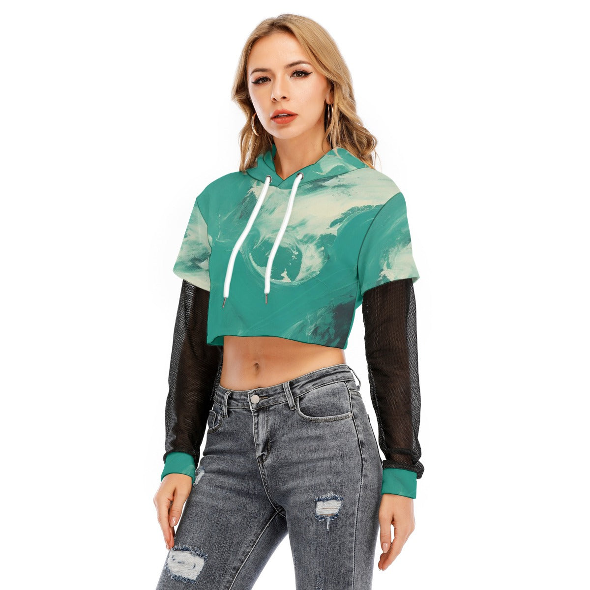All-Over Print Women's Fake Two-piece Mesh Sleeve Cropped Hoodie