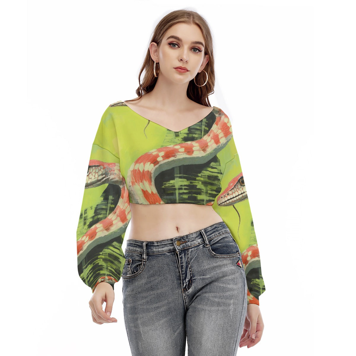 All-Over Print Women's V-neck Long Sleeve Cropped Sweatshirt