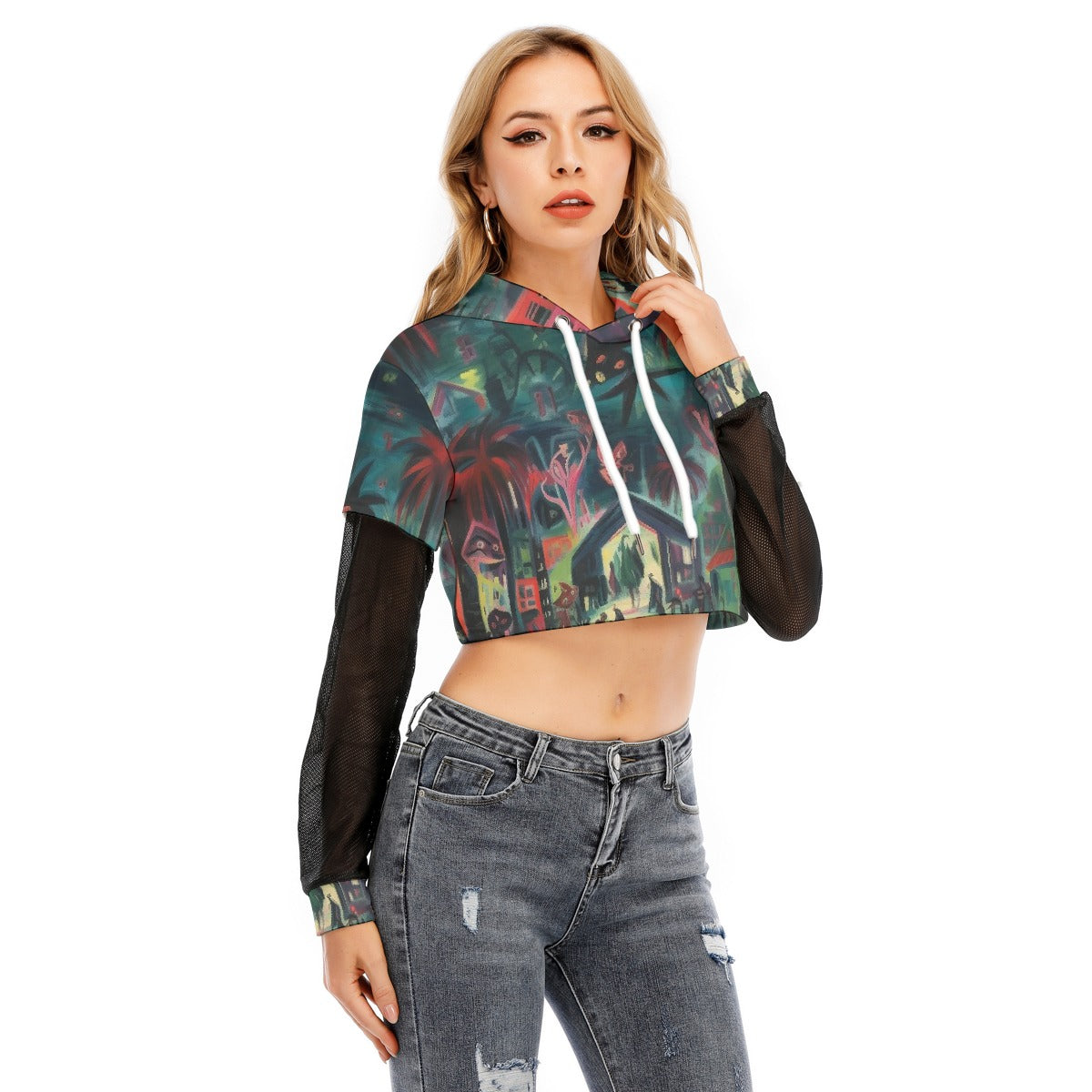 All-Over Print Women's Fake Two-piece Mesh Sleeve Cropped Hoodie