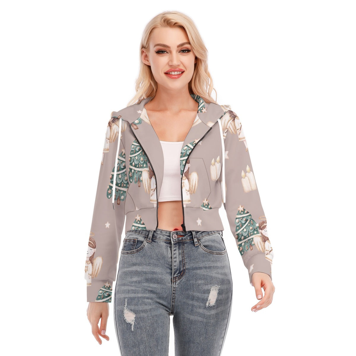 All-Over Print Women's Crop Top Hoodie With Zipper Closure