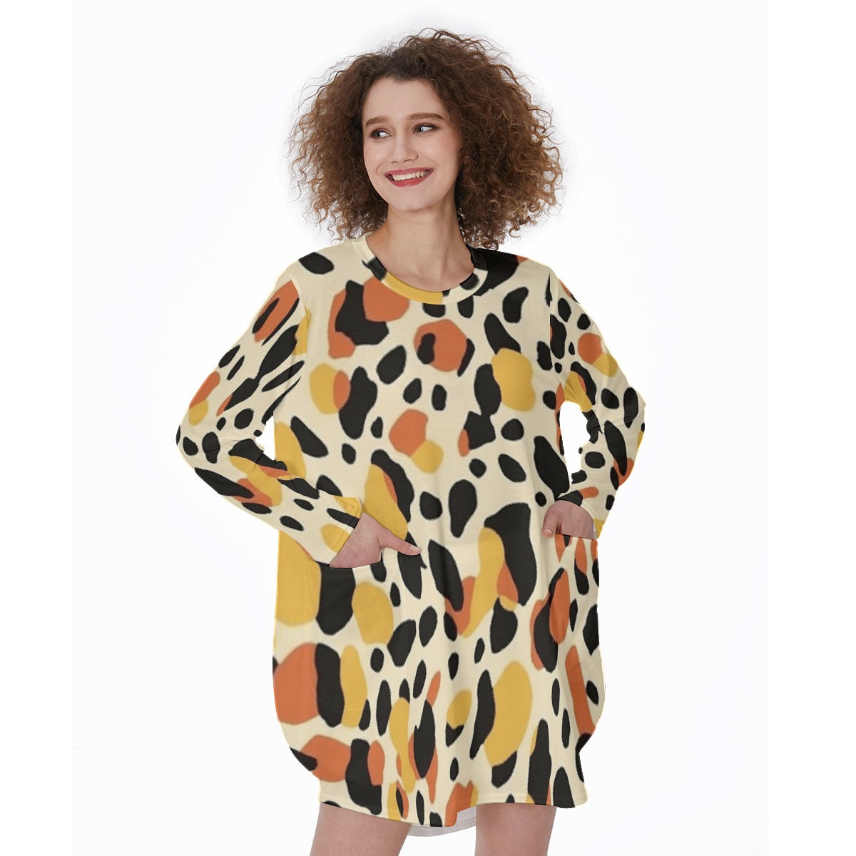 All-Over Print Women's Casual Loose Long Sleeve Dress With Pocket