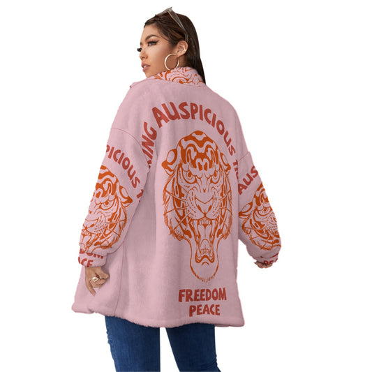 All-Over Print Unisex Borg Fleece Stand-up Collar Coat With Zipper Closure(Plus Size)