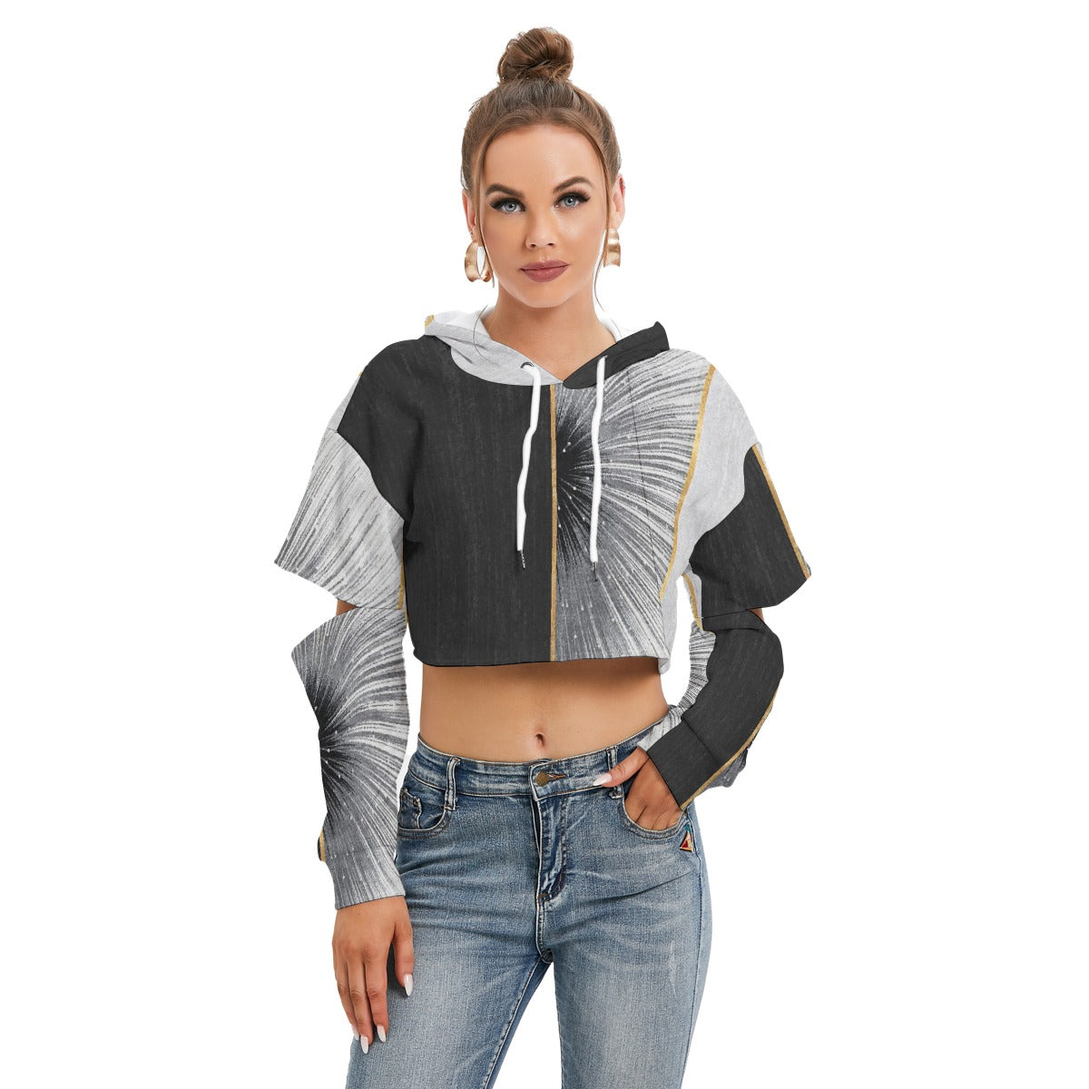 All-Over Print Women's Heavy Fleece Hoodie With Hollow Out Sleeve