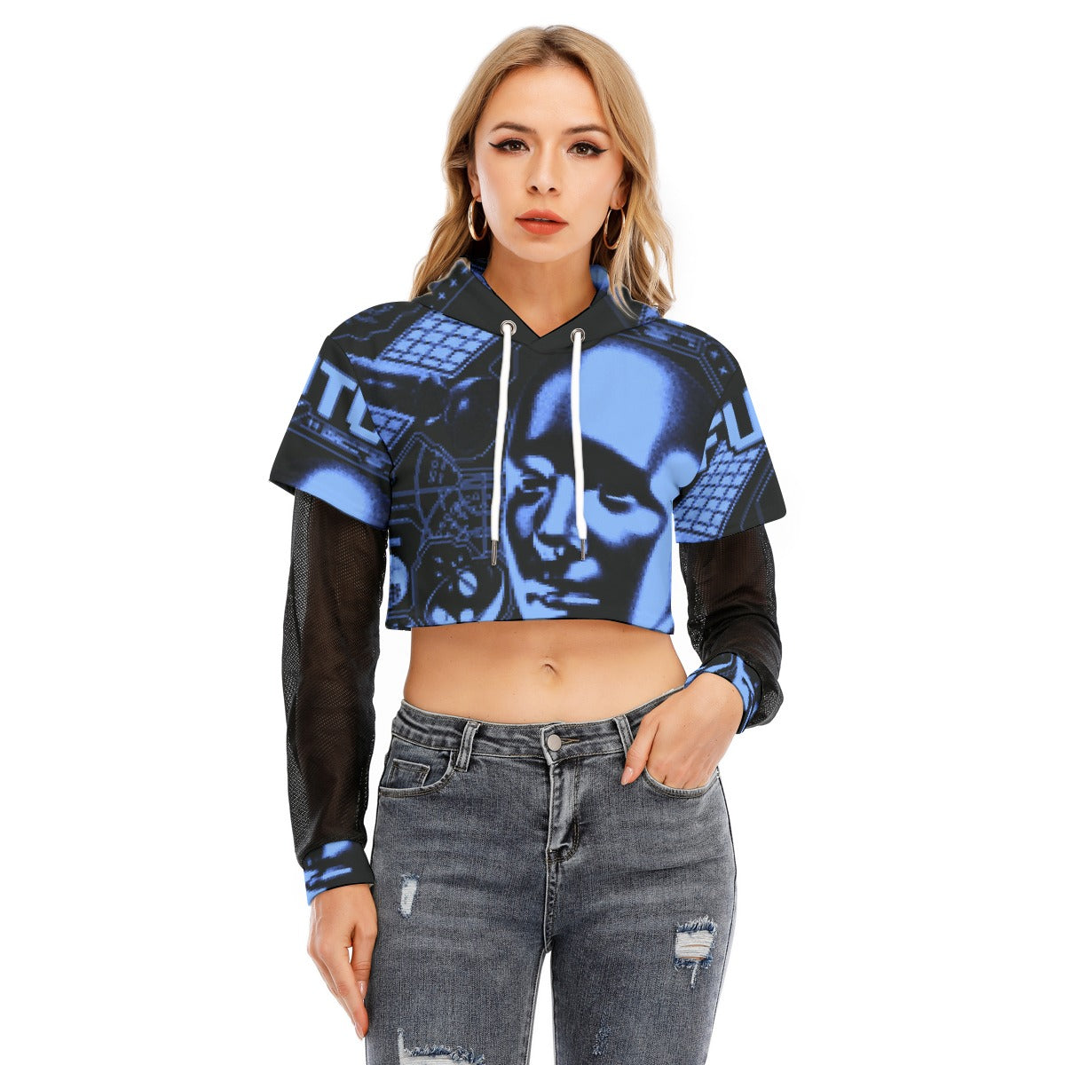 All-Over Print Women's Fake Two-piece Mesh Sleeve Cropped Hoodie