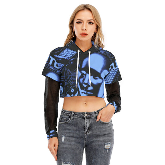 All-Over Print Women's Fake Two-piece Mesh Sleeve Cropped Hoodie